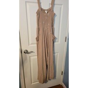 Umgee Boho Coquette Embroidered Bow Smocked Linen Blend Wide Leg Jumpsuit S